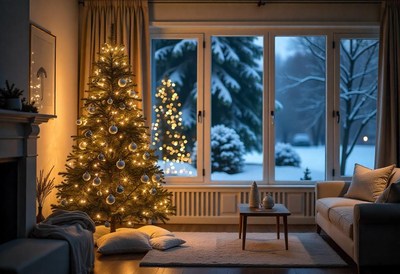 Christmas tree in cozy room, snowy view outside