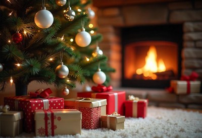 Presents by a tree near a cozy fireplace