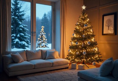 A cozy living room with a decorated christmas tree