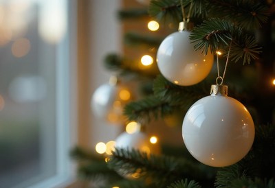 White ornaments hang on a christmas tree