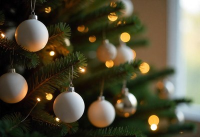 White ornaments glow on a lit christmas tree