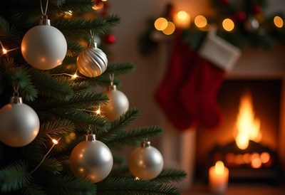 Christmas tree adorned with silver ornaments and lights