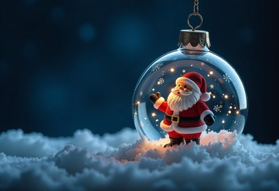 Santa claus is inside a glass ornament on a snowy surface