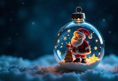 A santa claus figurine inside a glass ornament with snow