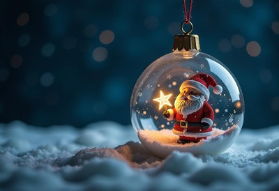 Santa claus holds a star in a glass ornament