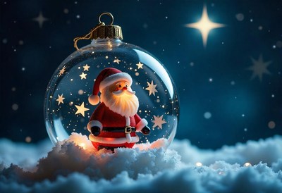 Santa claus stands in a glass ornament on a snowy night
