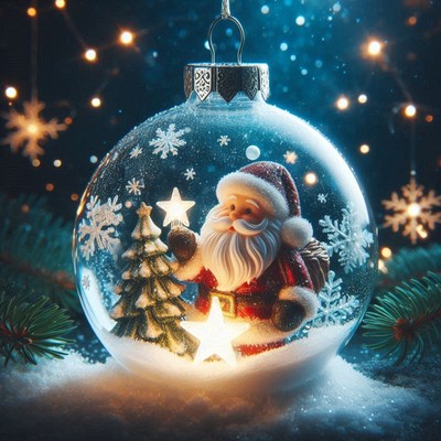 Santa claus is inside a glass ornament with a tree and stars