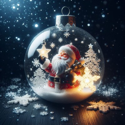 A glowing santa claus ornament with a star