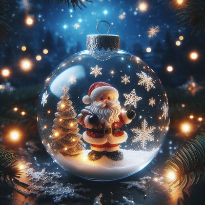 Santa claus is inside a christmas ornament