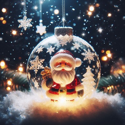 A santa claus ornament hangs in a snowy scene