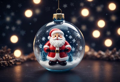 A santa glass ornament on a lit table