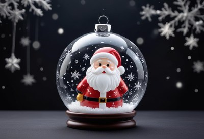 Santa snow globe on table with snowflakes behind