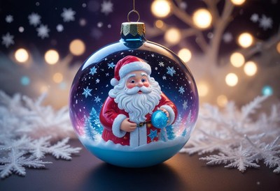 A santa claus ornament with a snowy scene inside