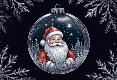 Santa claus smiles inside a glass christmas ornament