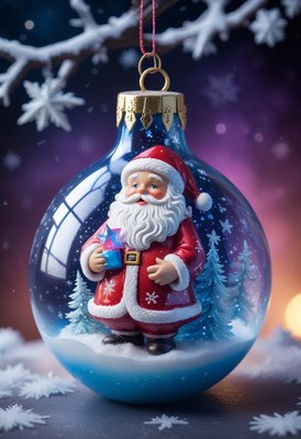 Santa claus is inside a blue glass ornament
