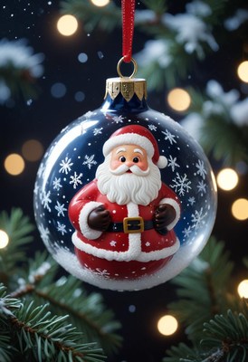 A santa claus ornament hangs on a christmas tree
