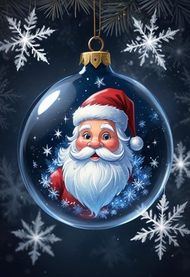 Santa claus peeks out of a christmas ornament