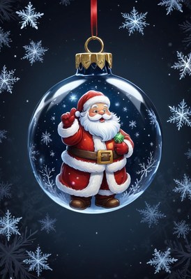 Santa claus waves from inside a christmas ornament