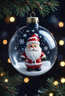 Clear glass ornament with santa on a pine branch