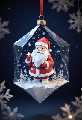 A paper santa claus ornament hangs from a red ribbon