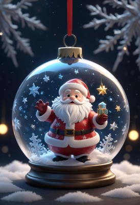 Santa claus is inside a snow globe ornament