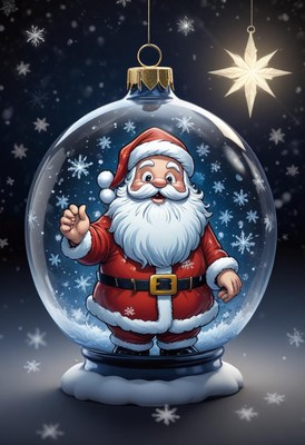 Santa claus waves from inside a snow globe