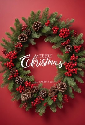 A circular christmas wreath is displayed on a red background
