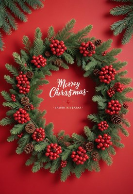 Red wreath with berries and pine cones