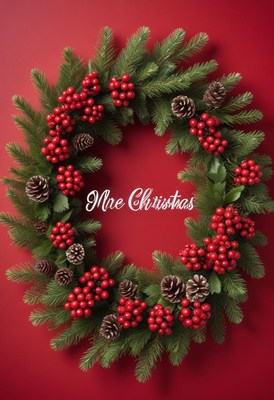 A festive christmas wreath with red berries and pine cones