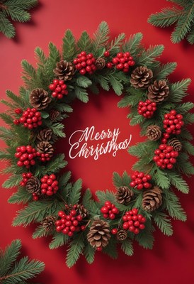 A festive christmas wreath with red berries and pine cones