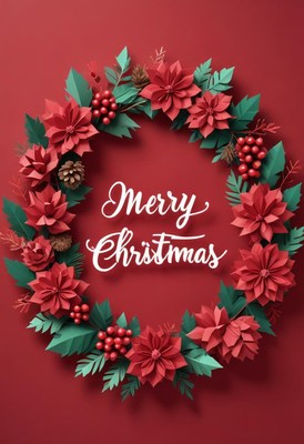 Red flower wreath with merry christmas on red