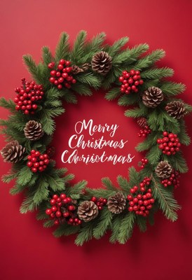 Christmas wreath with pine, berries, and cones