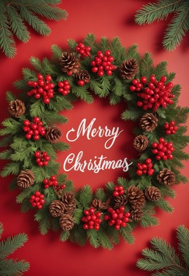 Christmas wreath of pine, berries, and cones