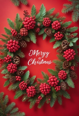 Christmas wreath with berries and pine cones