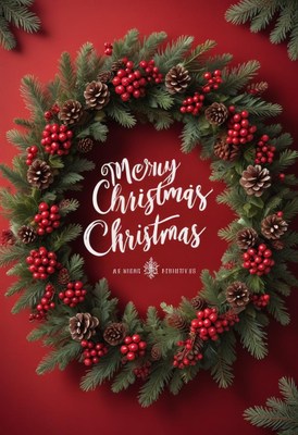 Christmas wreath with pine, berries, and cones