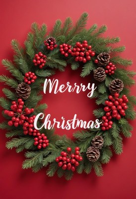 A christmas wreath with red berries and pine cones