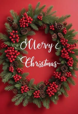 A festive christmas wreath with red berries and pine cones