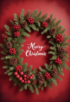 Red background with a wreath of pine cones and berries