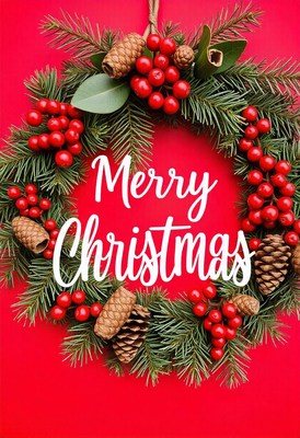 Red background with christmas wreath, berries and cones