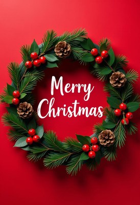 Christmas wreath with pine and berries on red