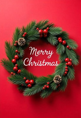 A christmas wreath sits on a red background