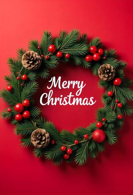 A christmas wreath sits on a red background