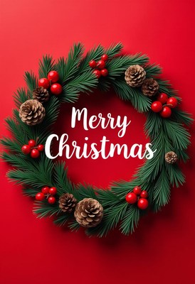 Red background: christmas wreath with pine cones, berries