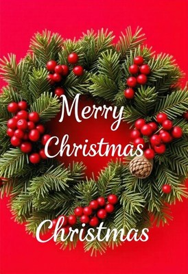 A christmas wreath with red berries on a red background