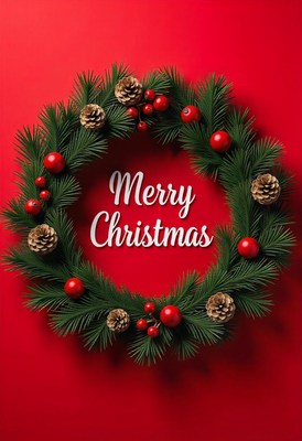 Christmas wreath with pine, berries, and cones