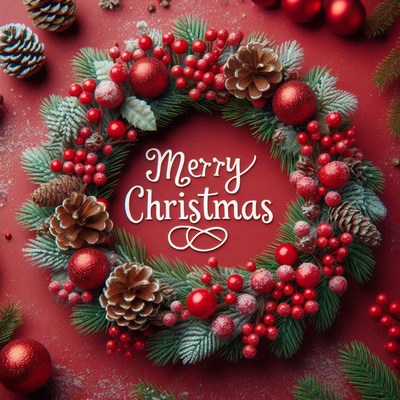 A christmas wreath with red berries and pinecones