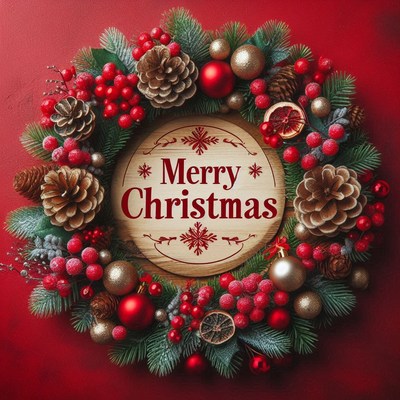 Christmas wreath with berries, pine cones, ornaments