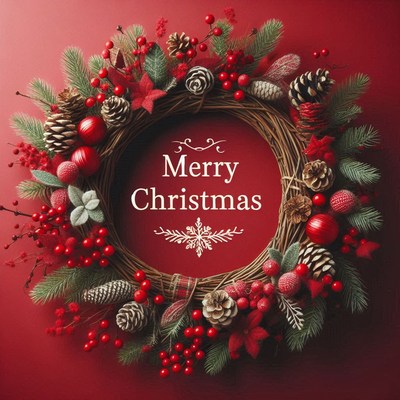 A christmas wreath with pine cones and red berries