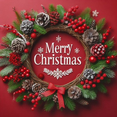 Christmas wreath with pine cones, berries, and bow