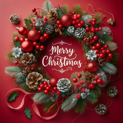 A festive christmas wreath on a red background